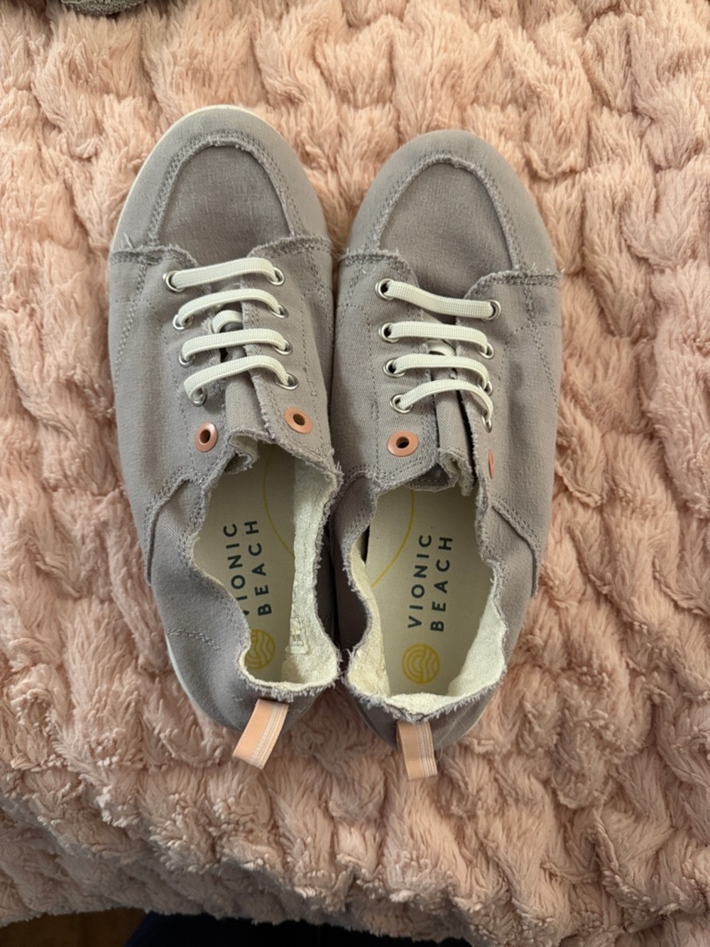Vionic Beach Slip-On Canvas Sneakers in Gray with Pink Eyelets - Picture 3 of 11